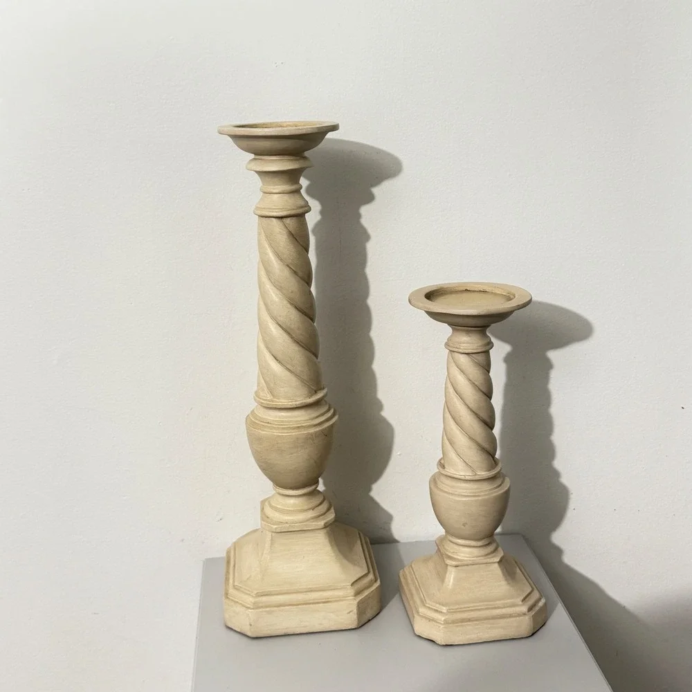 Vintage  Pillar Candle Holders Set of 2 Cream Barley Twist Traditional Decor